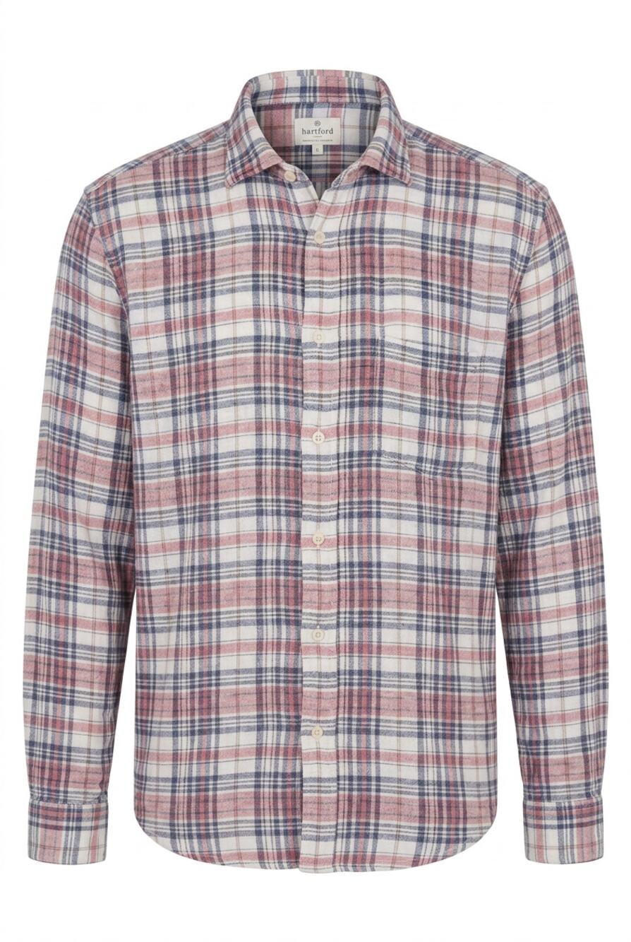 Hartford Mens Size L Plaid Linen Blend Button Up Shirt Madras Summer Pink Blue
